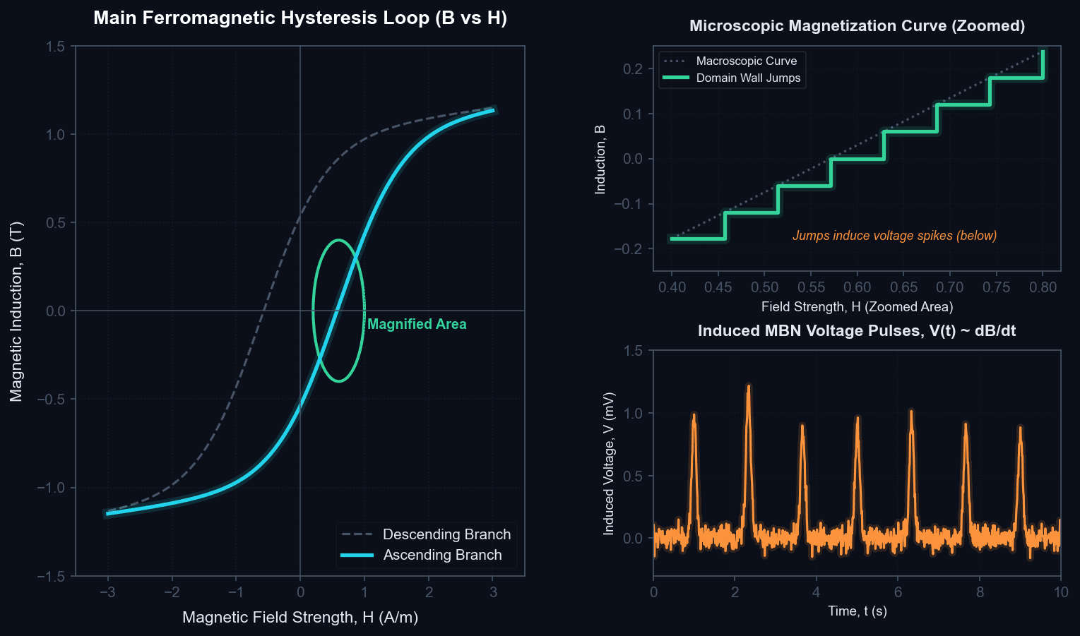 Magnetic Barkhausen Noise Physical Mechanism — B-H hysteresis loop with discrete domain-wall jumps