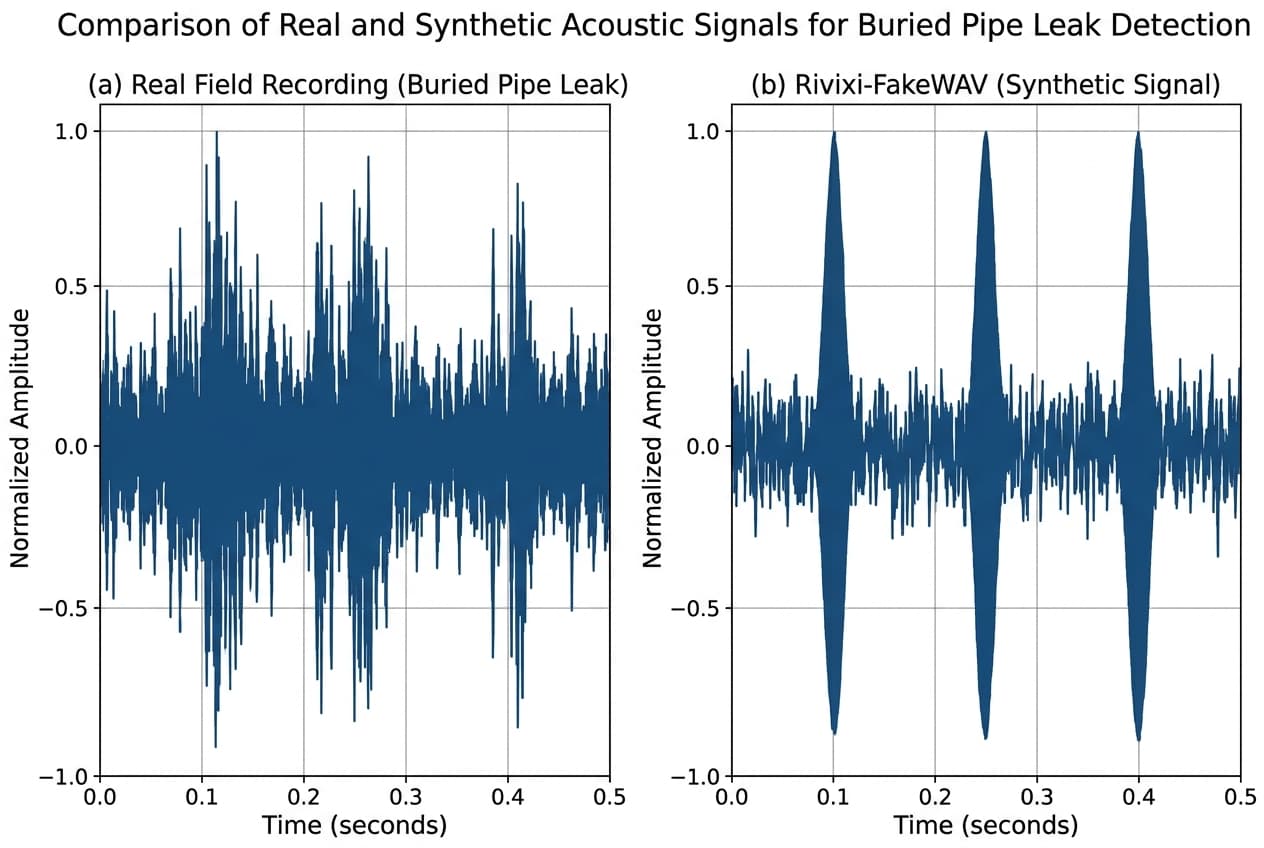 Time-domain comparison of a physical field leak recording versus a synthetic Rivixi-FakeWAV signal